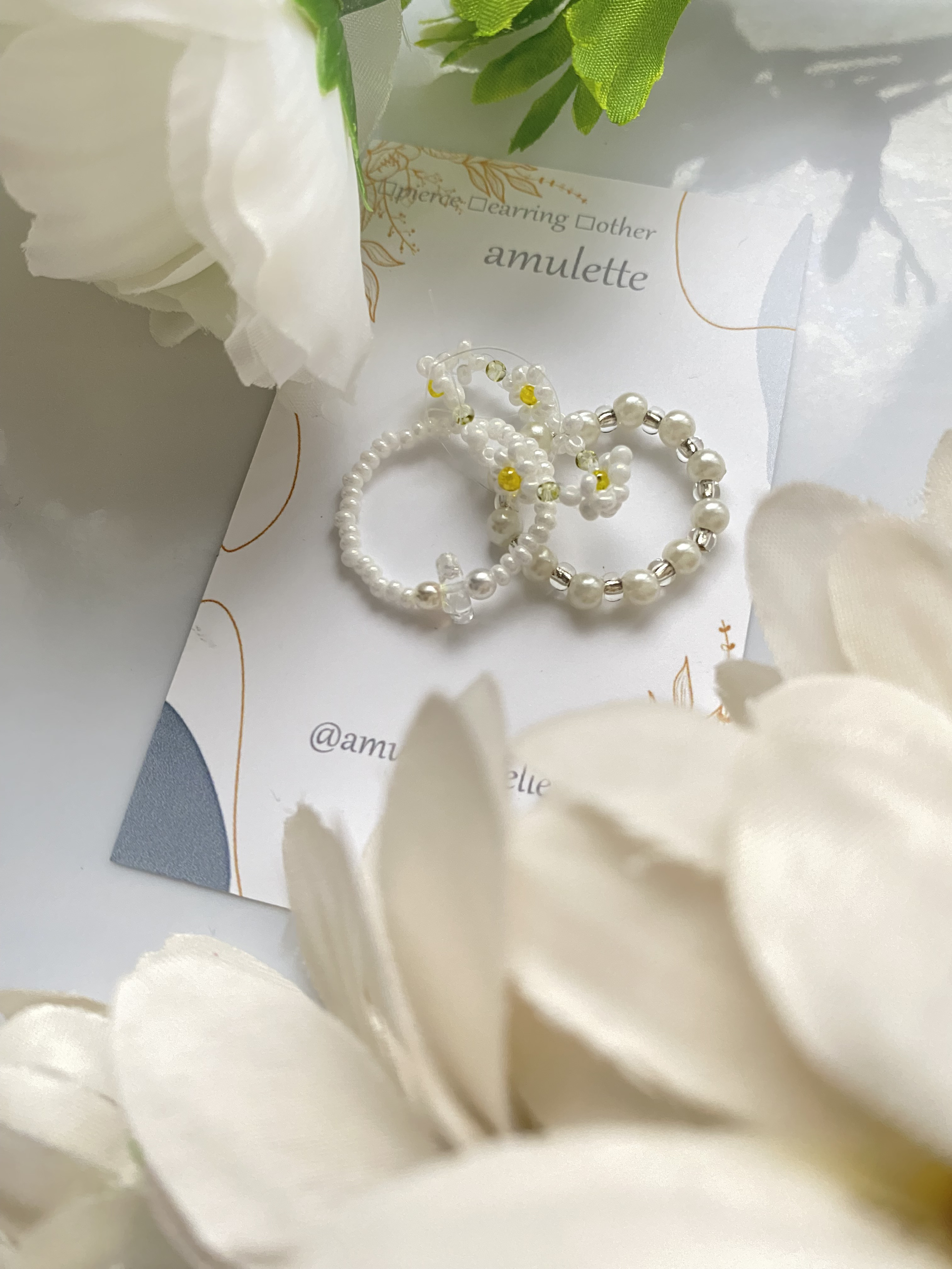 お花とパールのビーズリング3点セット~pearl white~ 指輪