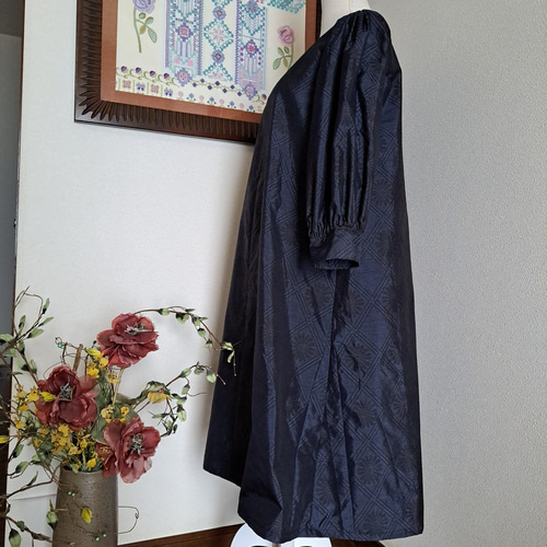 ☆着物リメイク/ハンドメイド/大島紬/キ-ネックワンピース/正絹