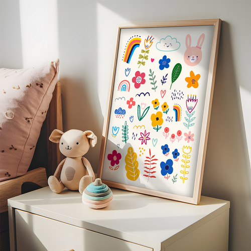 アートポスター キッズポスター うさぎ 虹 花 レインボー 北欧風