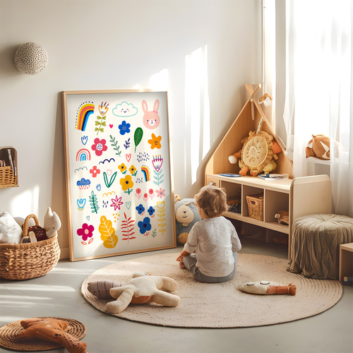 子供向けアートポスター うさぎとゾウのやさしいイラスト 北欧風 子供