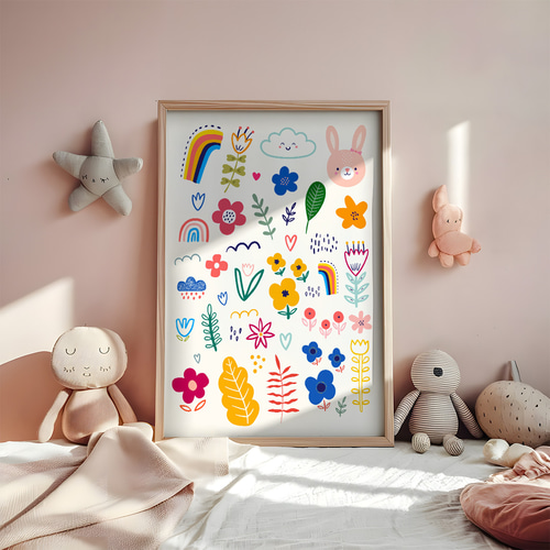 子供向けアートポスター うさぎとゾウのやさしいイラスト 北欧風 子供