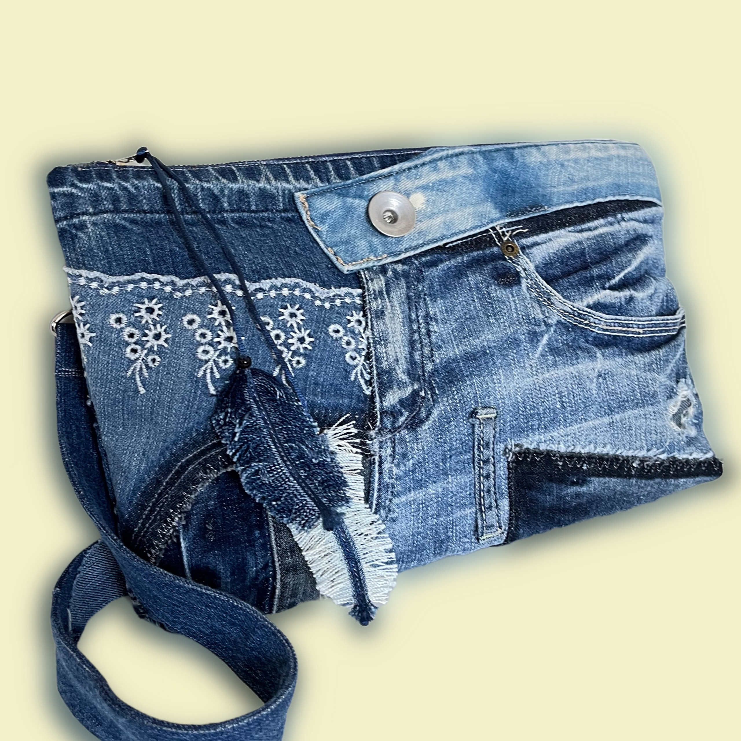 デニムリメイクバッグS 肉求ふわもこ×パネル生地