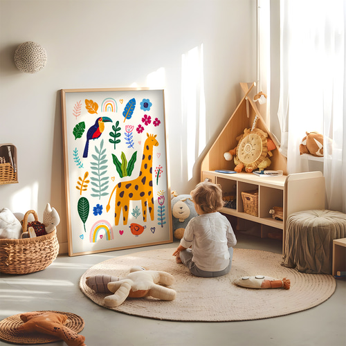 キッズポスター ゾウ バルーン 水彩タッチ やさしい 北欧風 子供部屋