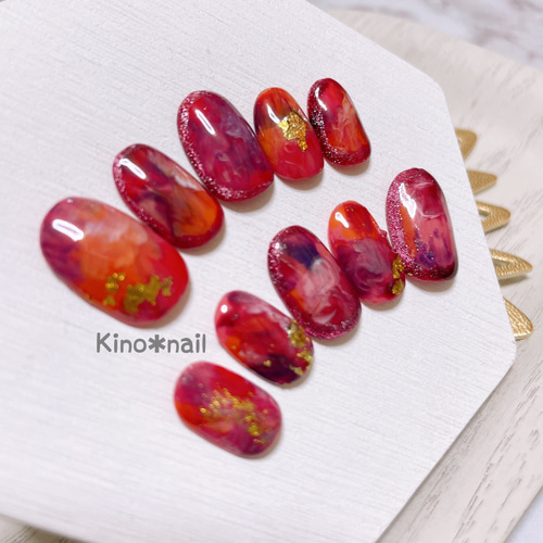 no.028いちご ネイルチップ ガーリー ピンク 赤 マグネット チェック