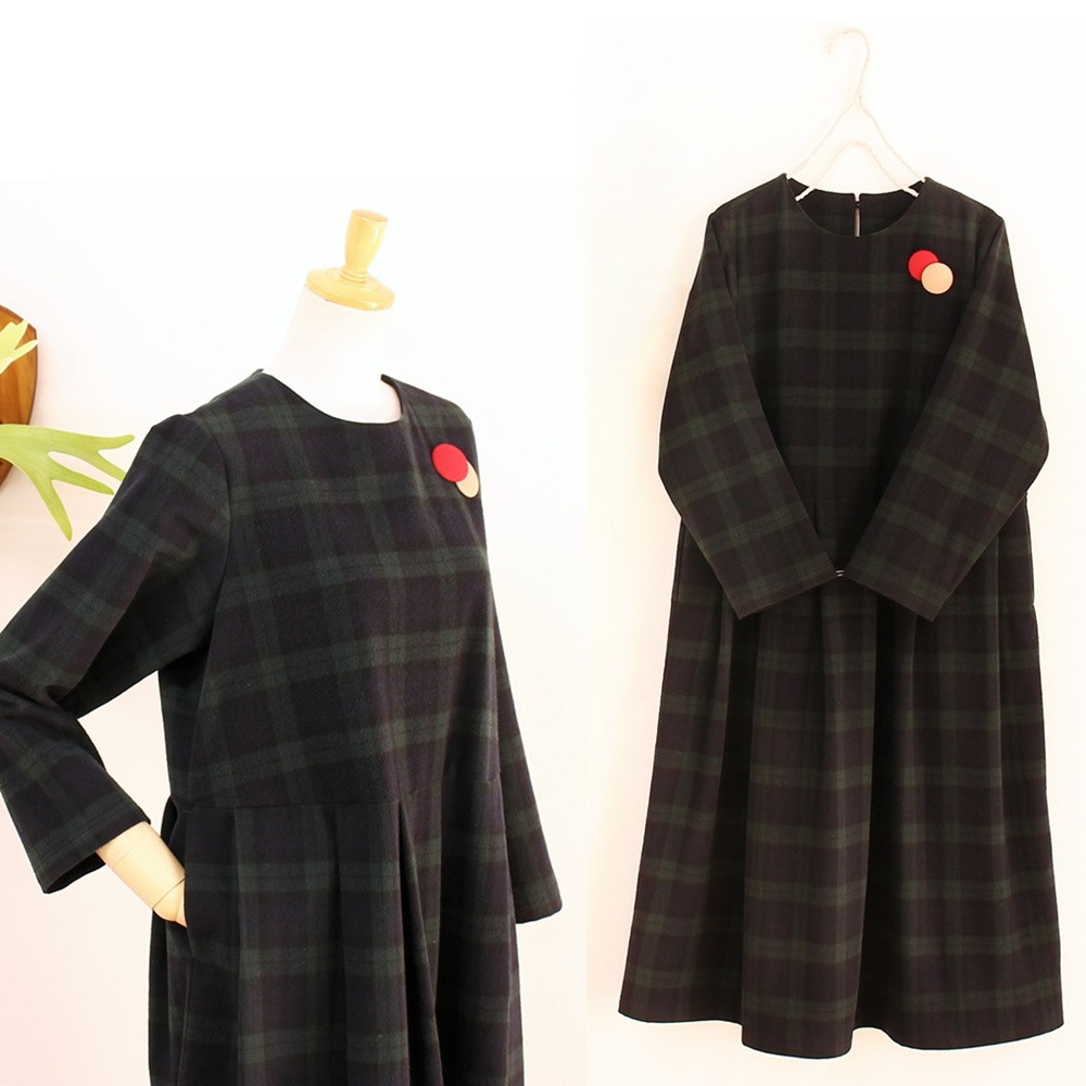 c_o_c_o_r_o　タ－タンチェック（ブラックウォッチ）起毛コットンウエスト切り替えＡラインワンピース