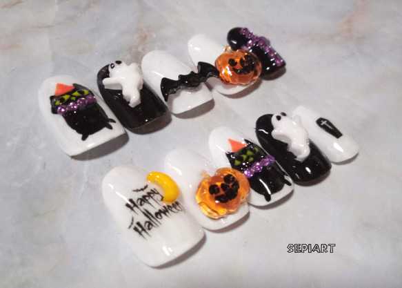 ジェルネイルチップ☆付け爪〜ハロウィンネイル〜黒猫〜3D