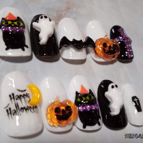 ジェルネイルチップ☆付け爪〜ハロウィンネイル〜黒猫〜3D