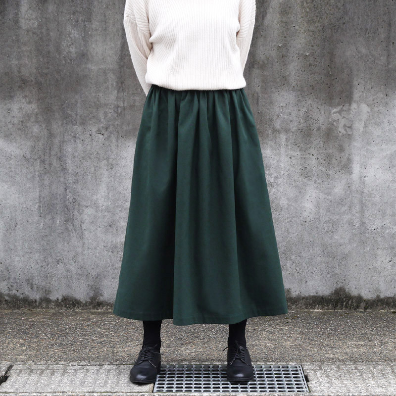 コットンビエラ ギャザースカート（ダークグリーン）ロング マキシ ポケット グリーン