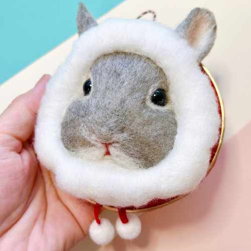 ♡ハンドメイドリース♡ リボン 羊毛フェルト もこもこ うさぎ