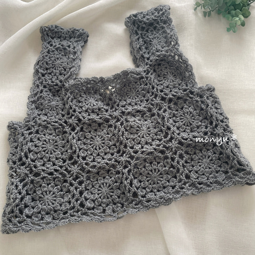 ハンドメイド お花のビスチェ 黄緑 オレンジ 手編み かぎ針編み