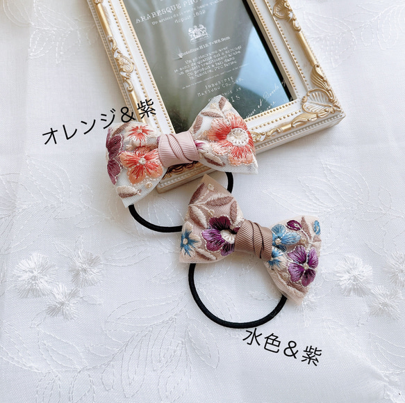 【再版5回】インド刺繍リボン　オレンジ＆紫花柄、水色＆紫花柄　こども　大人も使える　ヘアゴム 10枚目の画像