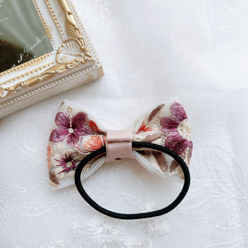 大人可愛いリボンヘアゴム☆インド刺繍リボン×ペタシャムリボンP142冠