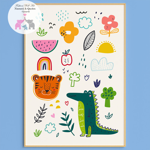 アートポスター 子供向け 動物 トラ ワニ 虹 レインボー 花 果物