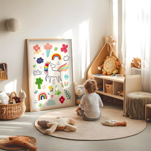 アートポスター 子供部屋 ユニコーン 虹 レインボー 花 パステル