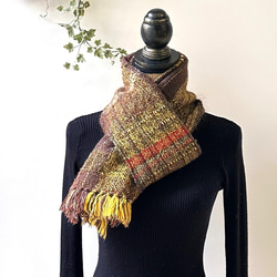 暖かい茶系の 手織り ウールマフラー/防寒 プレゼント（90） 5枚目の画像