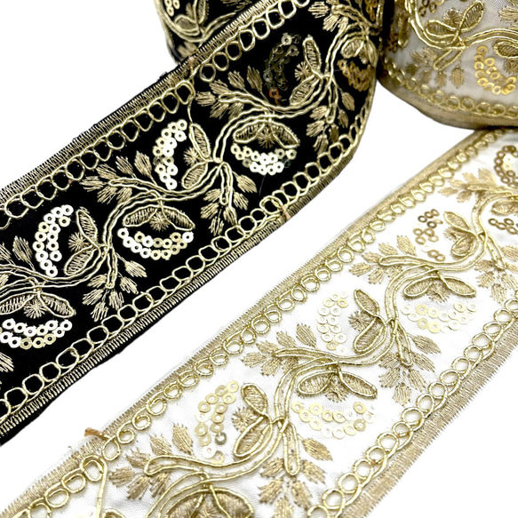 リボン インドししゅう 刺繍 約1m×幅約5.5cm 花 エレガント ハンドメイド 生地 ポニーフック pt-2239 1枚目の画像