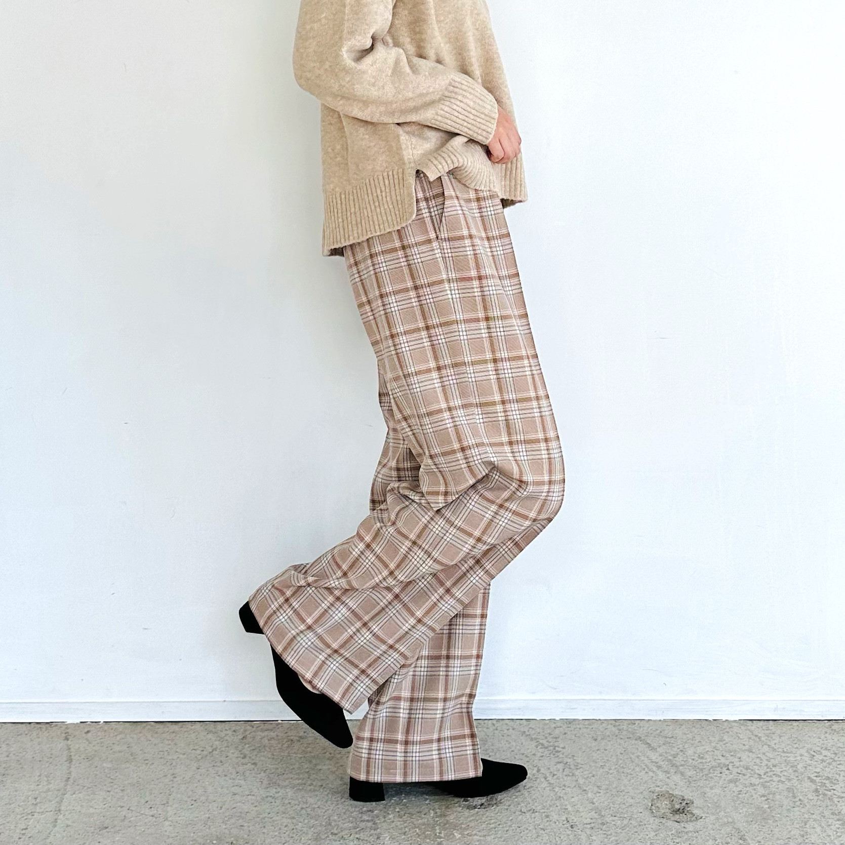ウールライクセンタープレスパンツ ブラウンチェック【イージーケア】