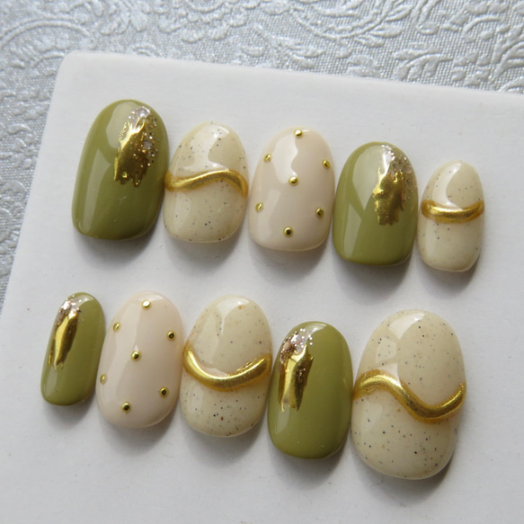 031》グリーン ホワイト ゴールド ミラー ネイルチップ 緑 白 ネイル  