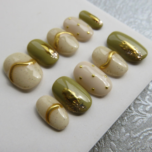 031》グリーン ホワイト ゴールド ミラー ネイルチップ 緑 白 ネイル  