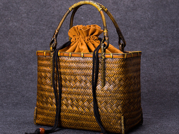 竹かご鞄 大 ハンドバッグ 買い物かご大 竹かご かごバッグ バスケットかご 竹製品 レトロ 茶道茶セット収納袋 和風 