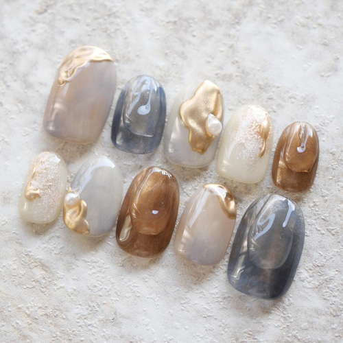 ネイビーブルー×ブラウンのニュアンスネイル◇ネイルチップ【casual-No