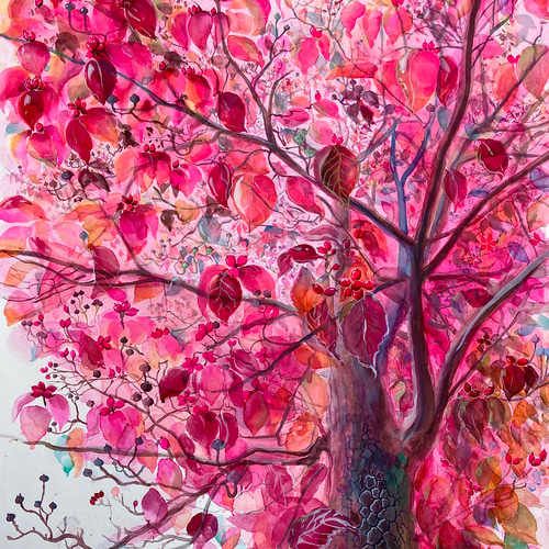 ピンク・ナチュラル水彩画 秋色ハナミズキ」F30透明水彩原画 絵画 miraclepocket 通販 16640009