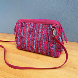 繊細✳︎柄織 ファンシーツイードのポシェット【手織り】ミニショルダーバッグ 赤×ボルドー系 7枚目の画像
