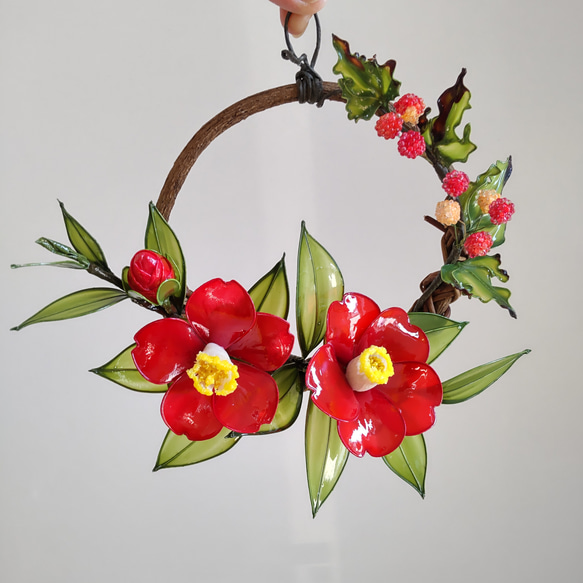 フラワーリース♡椿♡アメリカンフラワー♡ディップアート フラワーリース♡椿♡アメリカンフラワー♡ディップアート