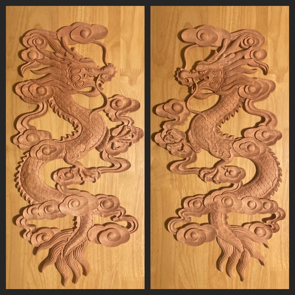薔薇　龍図　精密彫刻　木彫　大型　透かし彫り　中国？　全長約57cm 登龍 左右一対 全長60㎝ 大型縦型透かし彫（アンティーク調