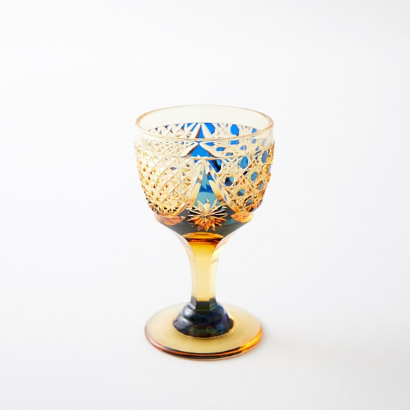 江戸切子　琥珀色瑠璃被せクリスタル食前酒（籠目模様） 1枚目の画像