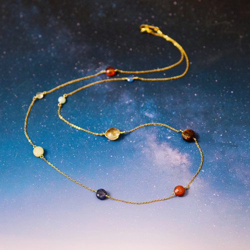 14kgf ロングネックレス】宇宙の惑星 太陽系の9つの天体 天然石 60cm