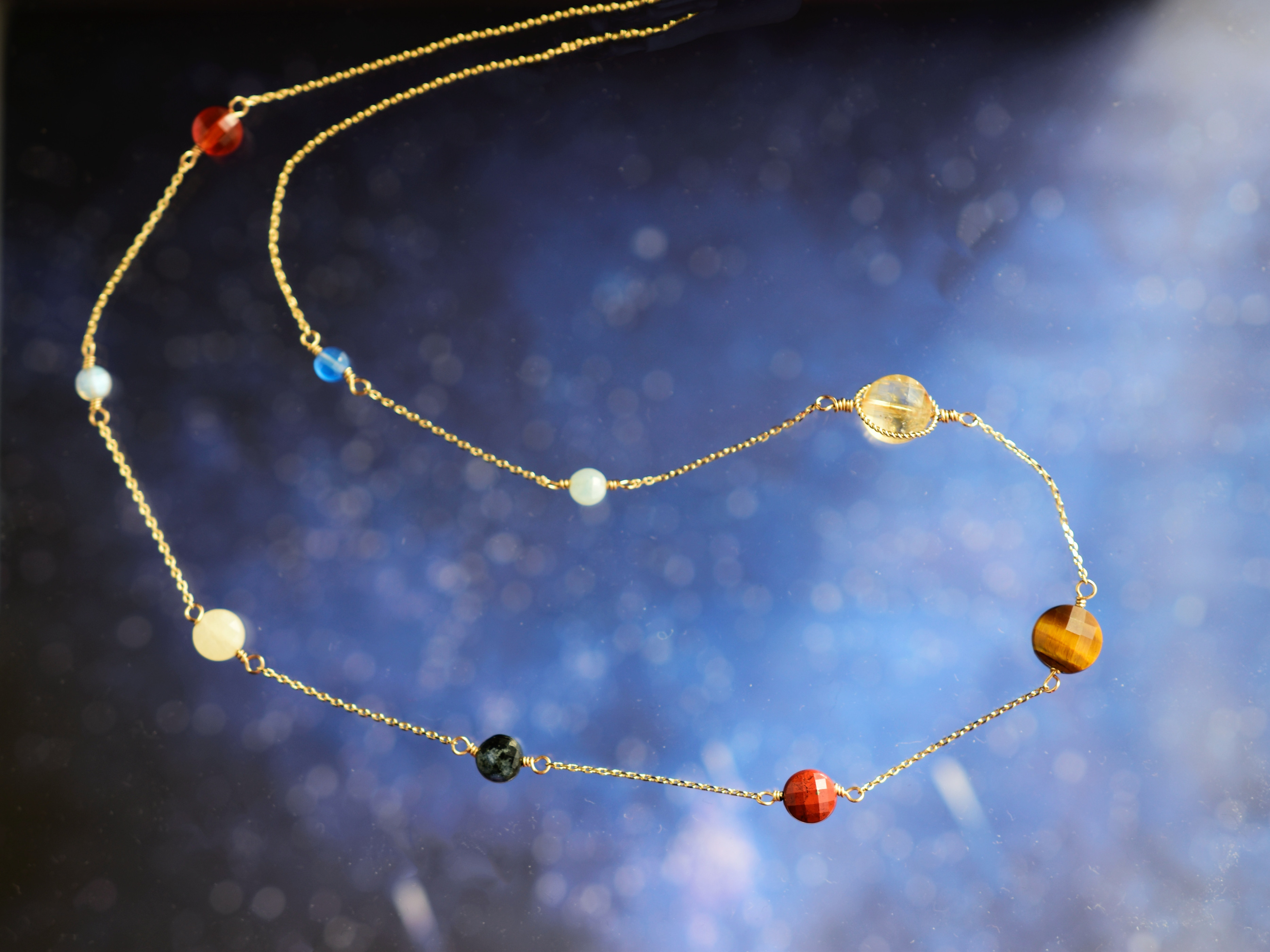 14kgf ロングネックレス】宇宙の惑星 太陽系の9つの天体 天然石
