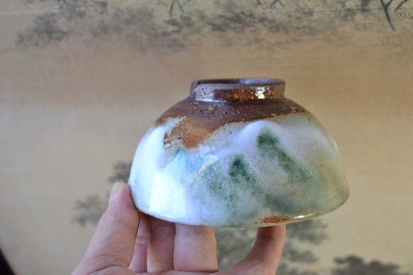 【新着！】両面三彩釉　贅沢な飯碗ペアセット(グリーン)　茶碗　★萩焼　 8枚目の画像