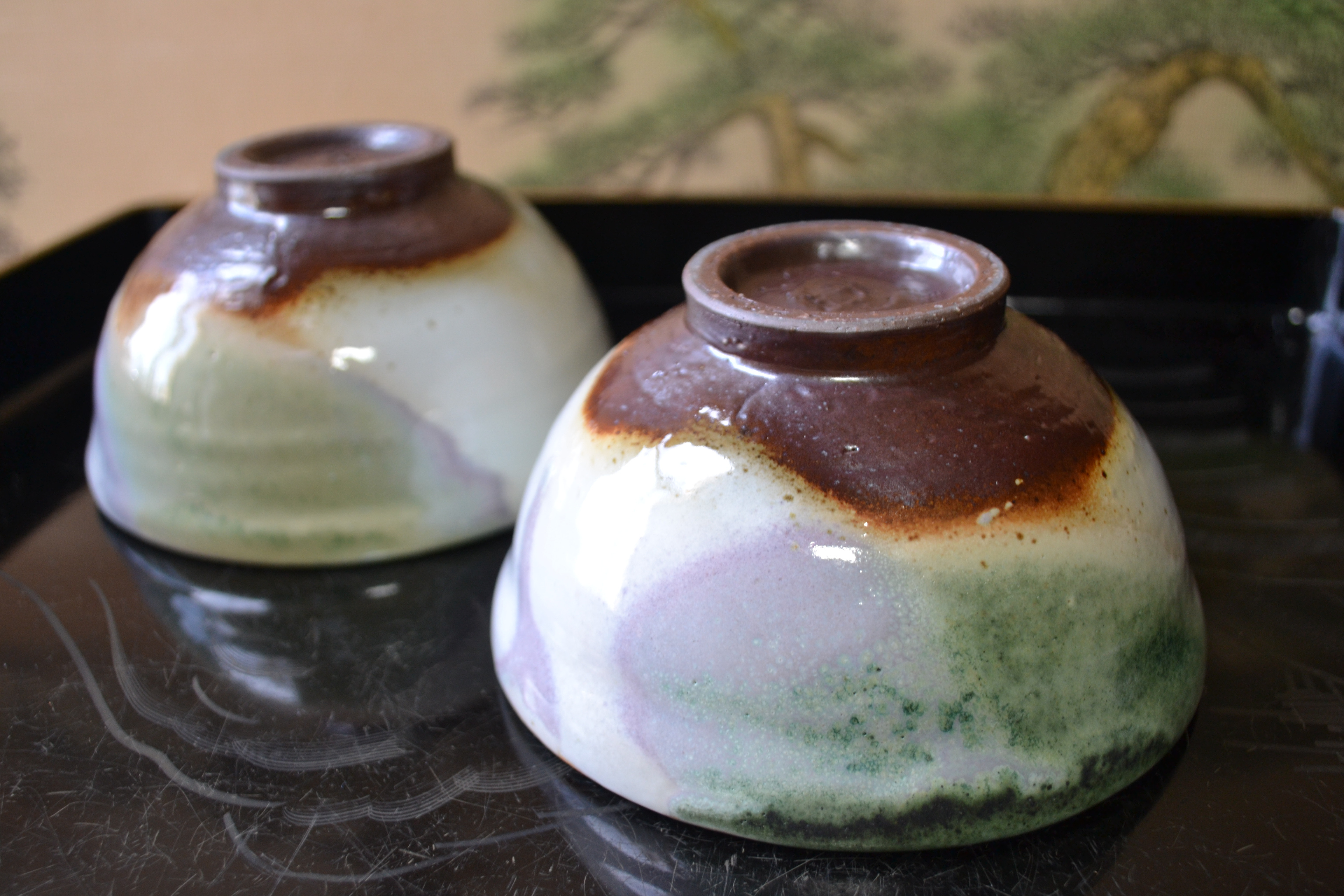 【再入荷！】両面三彩釉　贅沢な飯碗ペアセット(グリーン)　茶碗　★萩焼　陶器