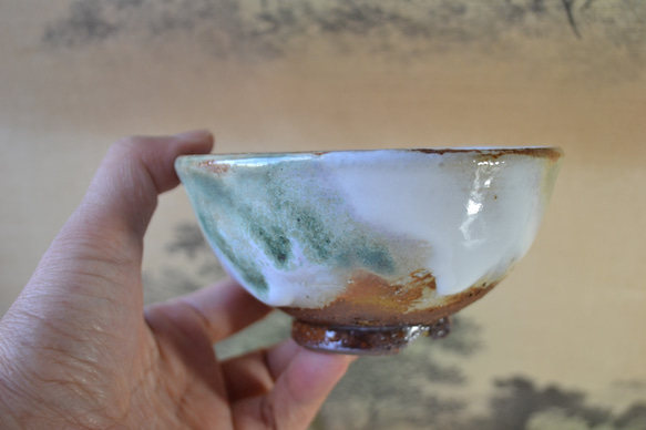 【新着！】両面三彩釉　贅沢な飯碗ペアセット(グリーン)　茶碗　★萩焼　 9枚目の画像