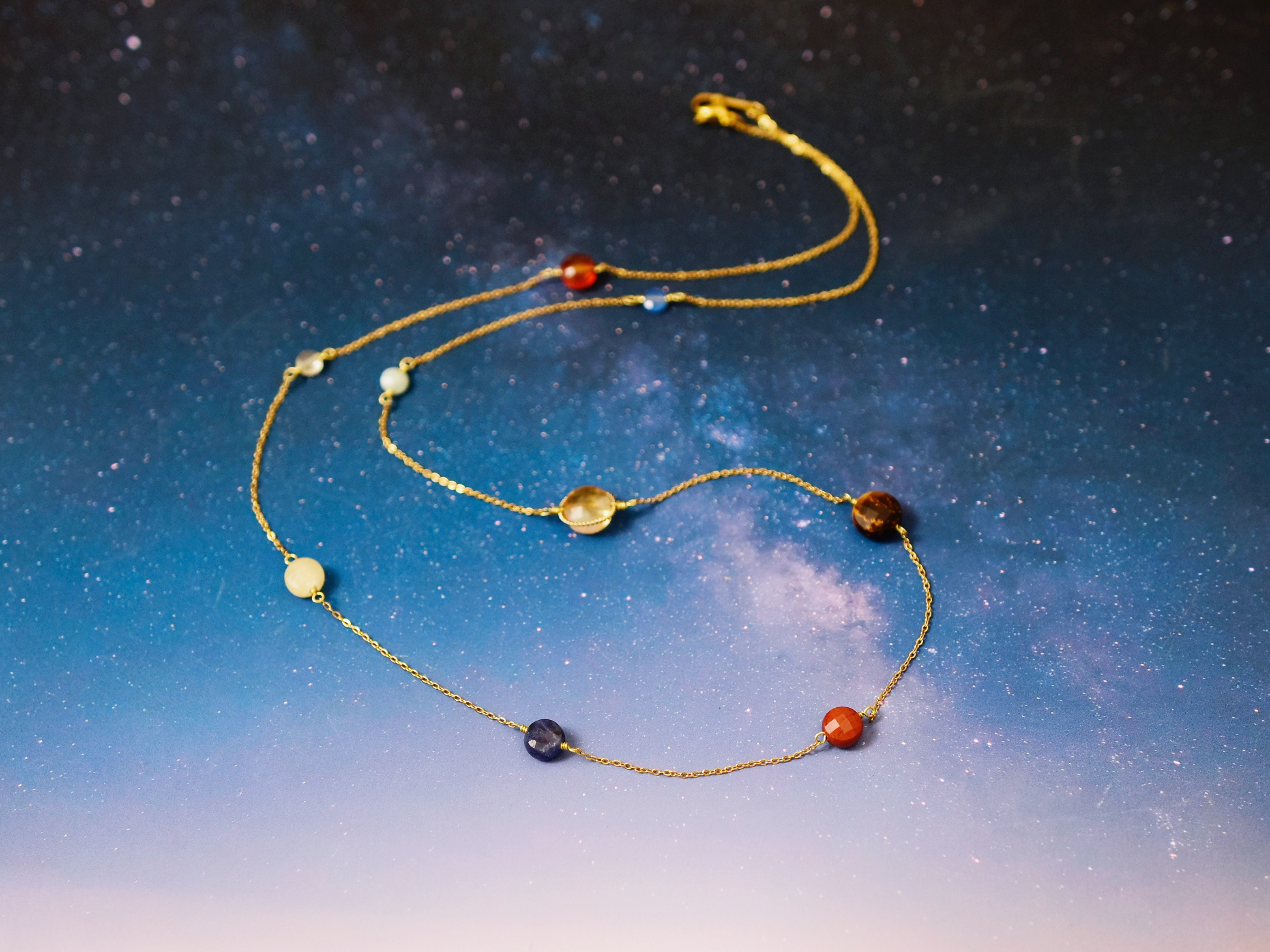 【 ロング ネックレス ・ 60cm 】 天然石 宇宙 惑星 ( 太陽系 9つ 9種 天体 マルチカラー )