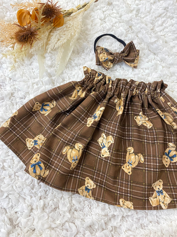 巾着トートバッグミニ ベアチェック柄 コーデュロイ ブラウン ハンドメイド