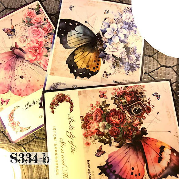 送料無料【S334-bコラージュ素材】海外PETシール　蝶　ジャンクジャーナル　手帳　おすそ分け　スクラップ 1枚目の画像