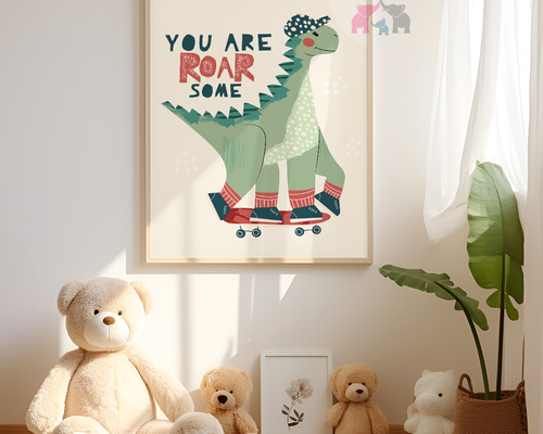 アートポスター 子供部屋 恐竜 ダイナソー 動物イラスト スケート