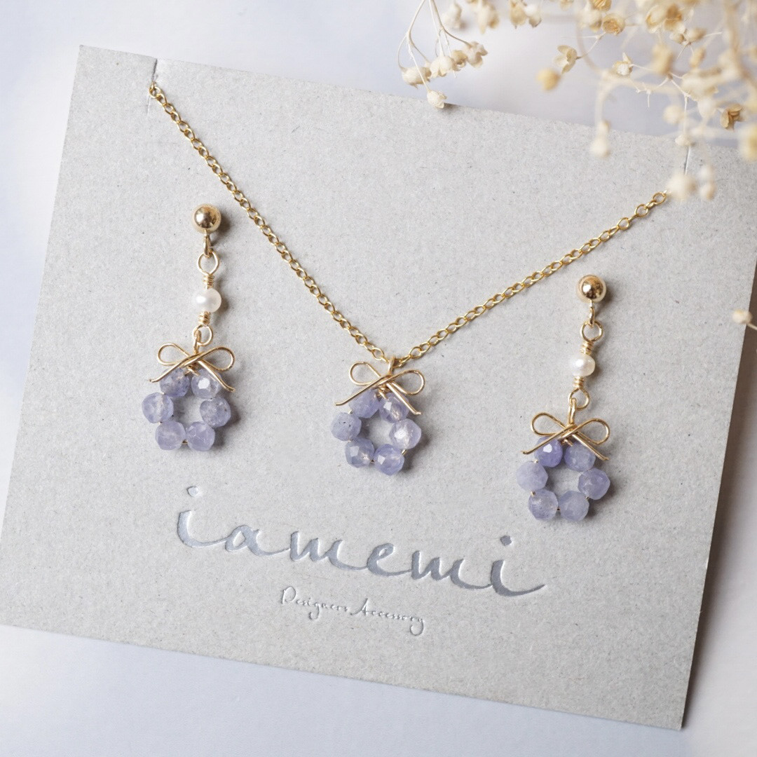 「勿忘草の花結」ピアス イヤリング タンザナイト 淡水パール リボン 天然石 誕生石 パステル 春 ゴールド 14kgf