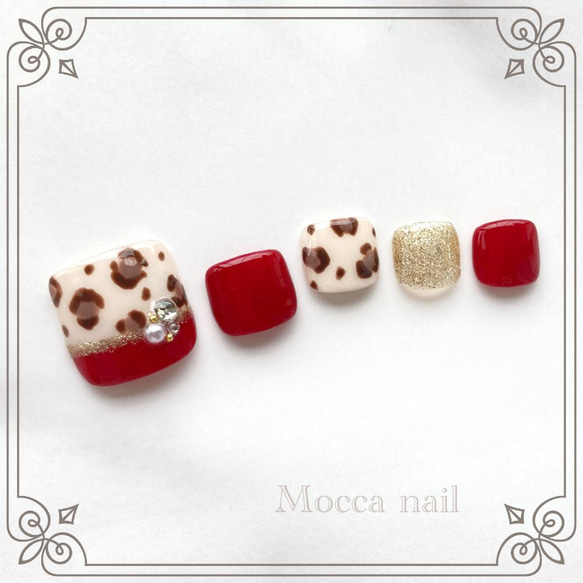 163】 レオパード × ボルドー フットネイルチップ ヒョウ柄/秋冬  