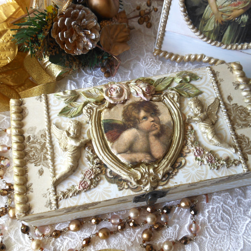 天使柄 デコパージュ 木製ジュエリー ボックス