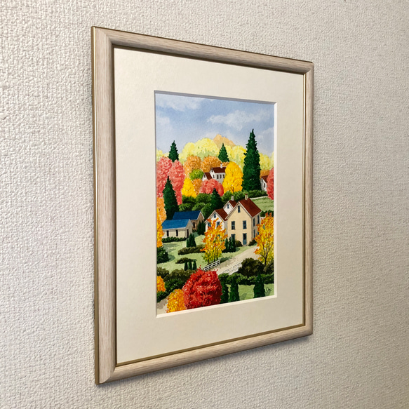 「オータムヴィレッジ01」透明水彩画　原画　風景画　額縁付　SMサイズ 3枚目の画像