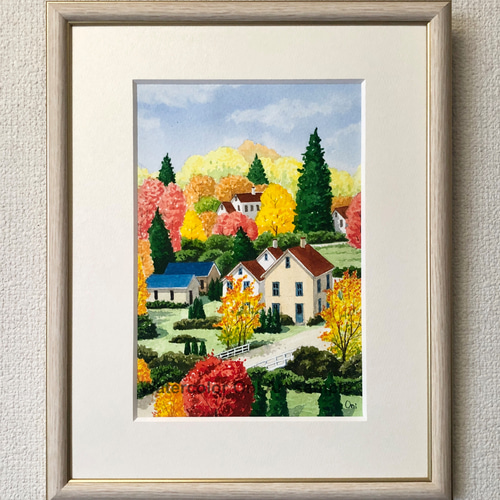 透明水彩画 原画 「オータムヴィレッジ02」額縁付 F4サイズ 風景
