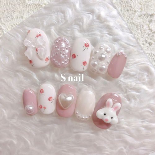 ネイルチップ くすみピンク うさぎ お花 リボン ハート パール  