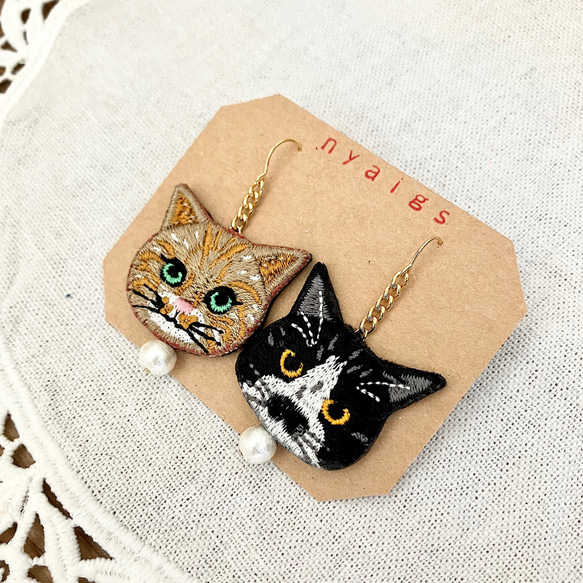 オンライン限定✩.*˚柄違いの猫さん刺繍とコットンパールのピアス 15枚目の画像