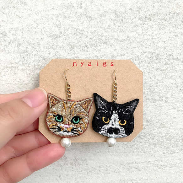 オンライン限定✩.*˚柄違いの猫さん刺繍とコットンパールのピアス 16枚目の画像