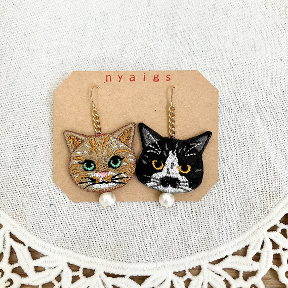 オンライン限定✩.*˚柄違いの猫さん刺繍とコットンパールのピアス 14枚目の画像