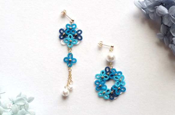 梭織蕾絲小花與棉質珍珠不對稱耳環&lt;寶石藍&gt;[白色版] 第2張的照片