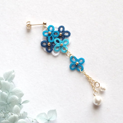 梭織蕾絲小花與棉質珍珠不對稱耳環&lt;寶石藍&gt;[白色版] 第4張的照片